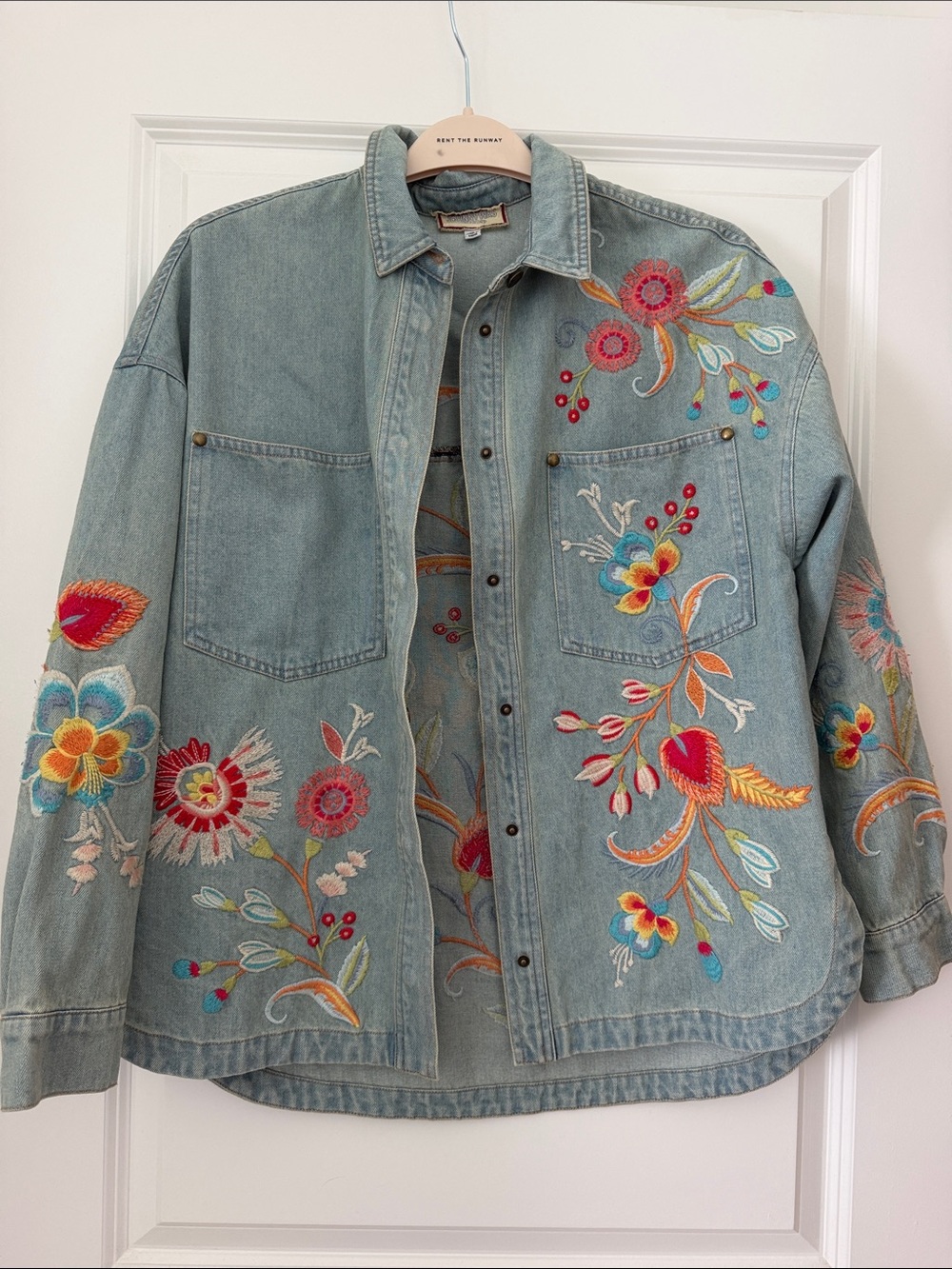Johnny Was Light Wash Denim Jacket with Multicolor Floral Embroidery
